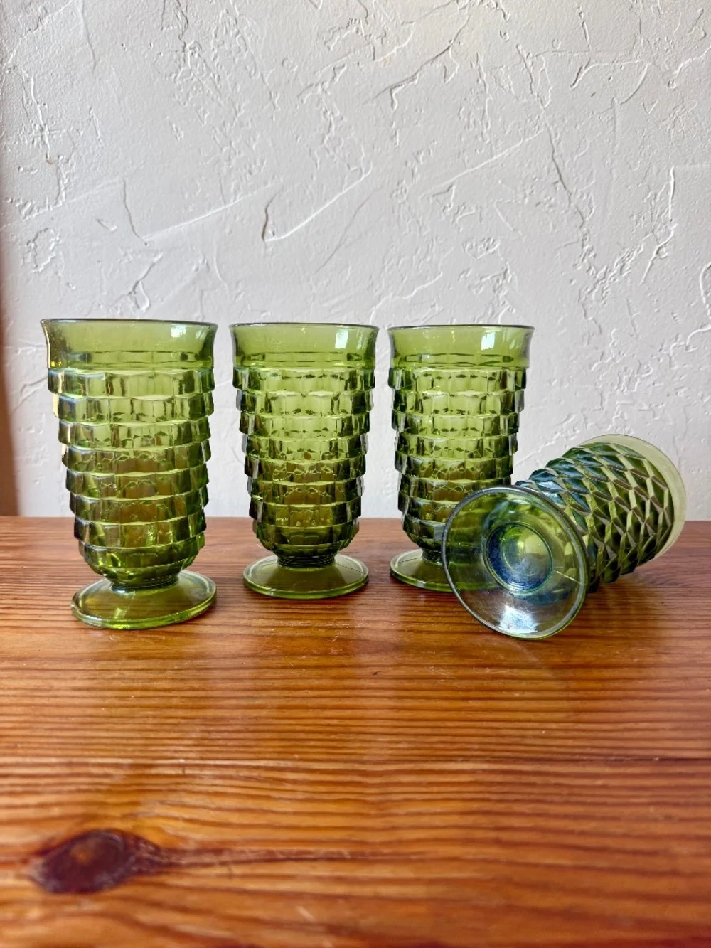 Indiana Glass Whitehall Cubist Olive Green Footed Tumblers Set of 4